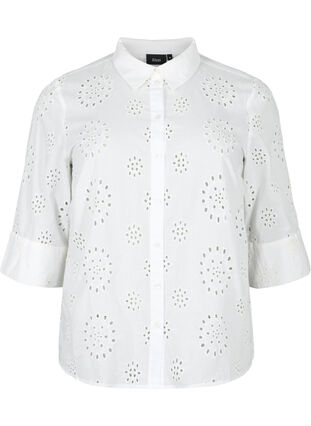 Bluzka koszulowa z haftem angielskim i rekawem 3/4, Bright White, Packshot image number 0