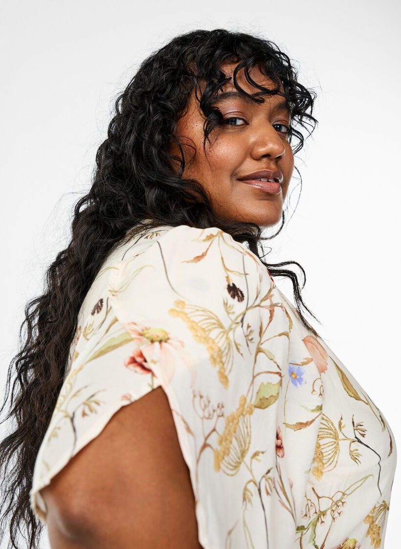 Kwiecista trapezowa sukienka midi, Beżowy, Model image number 3