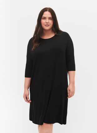 Dzersejowa sukienka z wiskozy z rekawem 3/4, Black, Model image number 0