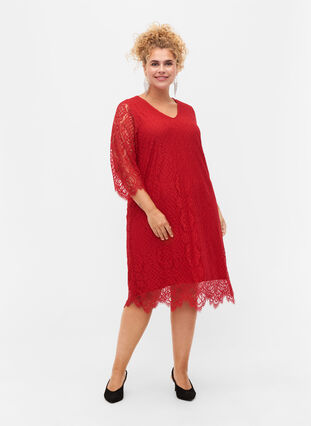 Koronkowa sukienka z rekawem 3/4, Tango Red, Model image number 2