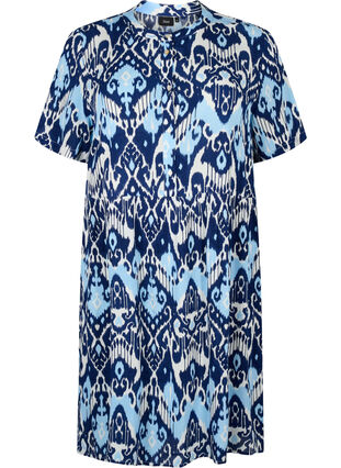 Wiskozowa sukienka z krótkim rekawem i nadrukiem, Blue Ethnic AOP, Packshot image number 0