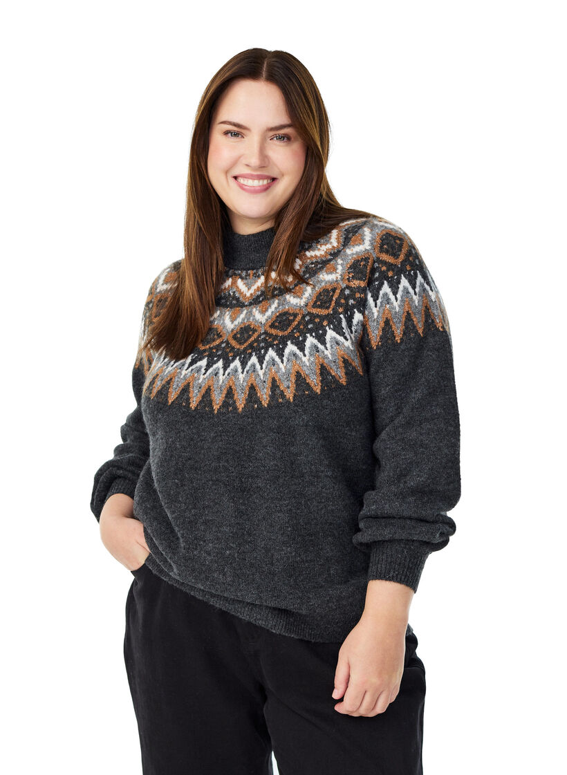 Bluzka dzianinowa ze wzorem i wysokim kolnierzykiem, Ciemnoszary, Model image number 0