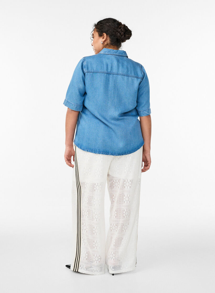 Spodnie koronki z szerokimi nogawkami i kontrastowymi paskami, Biały, Model image number 2