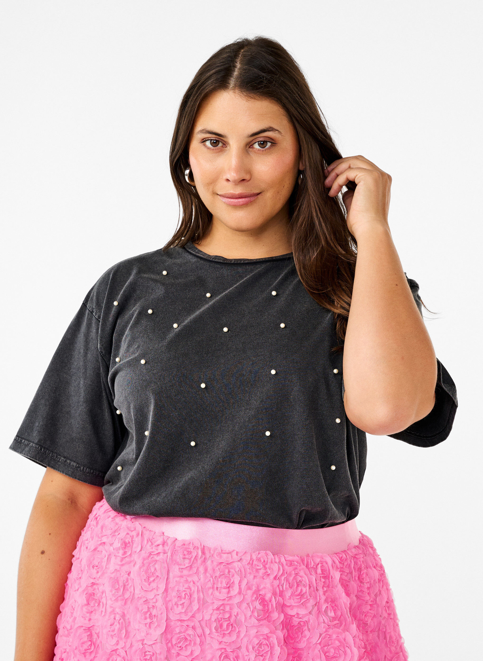 Zizzi Koszulka z perelkami, Grey washed, Model image number 0