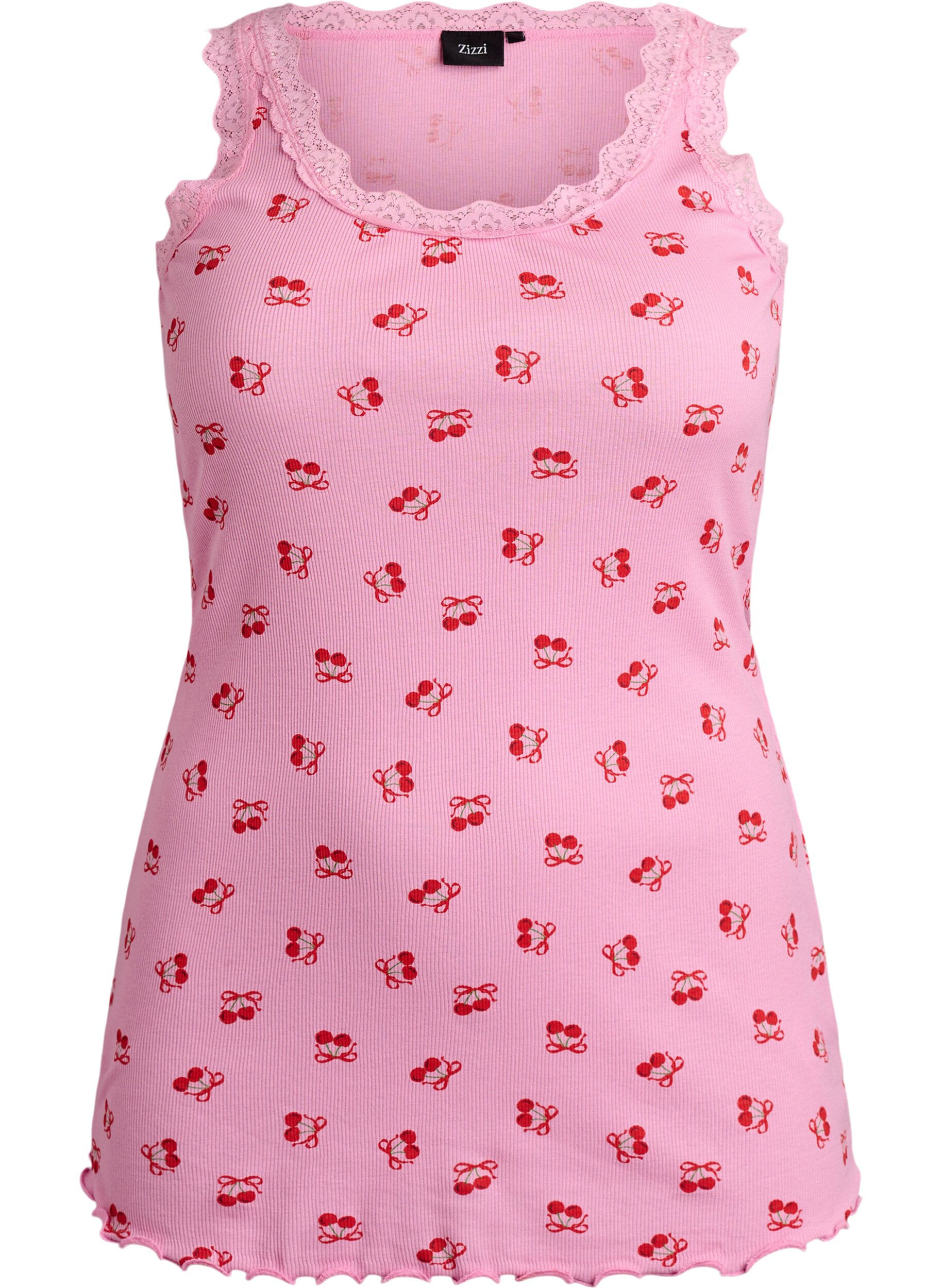 Zizzi Top z nadrukiem i koronkowym brzegiem, R&oacute;żowy, Packshot image number 0