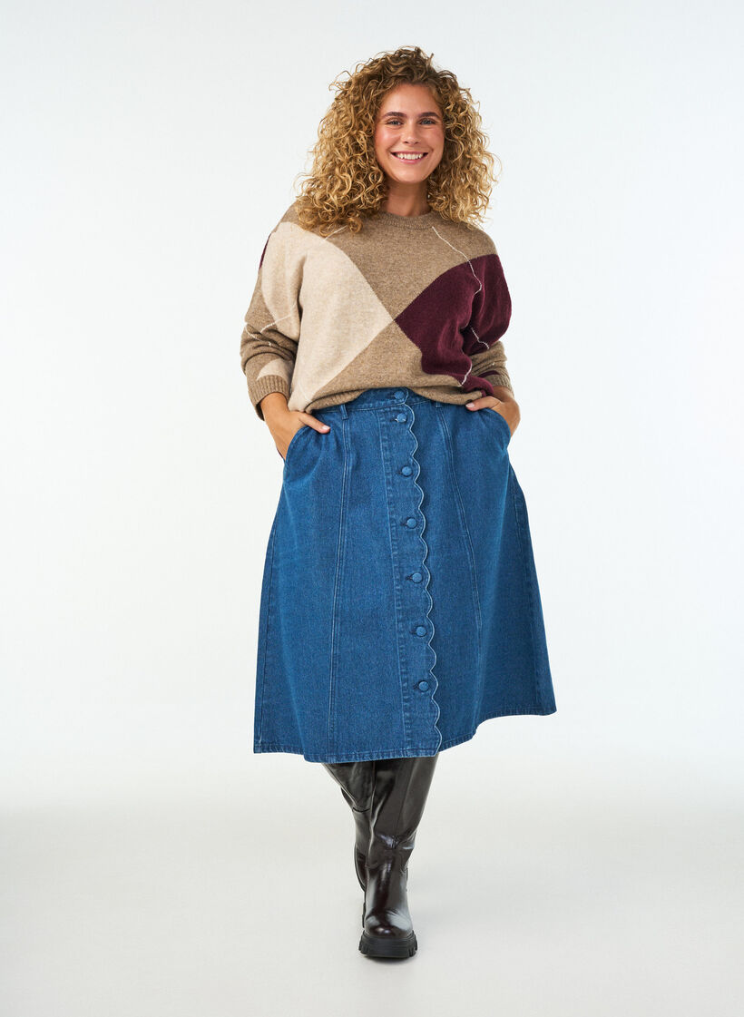 Sp&oacute;dniczka z niebieskiego denimu w kroju A z falbana z guzik&oacute;w, Niebieskie, Model image number 0