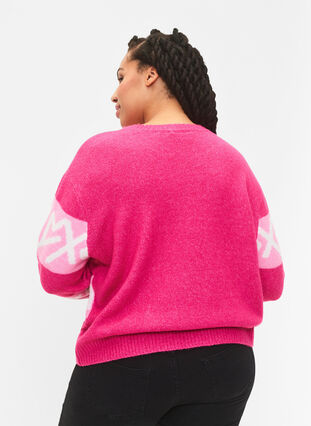 Dzianinowy sweter w paski z graficznym wzorem, Raspberry Rose Comb, Model image number 1
