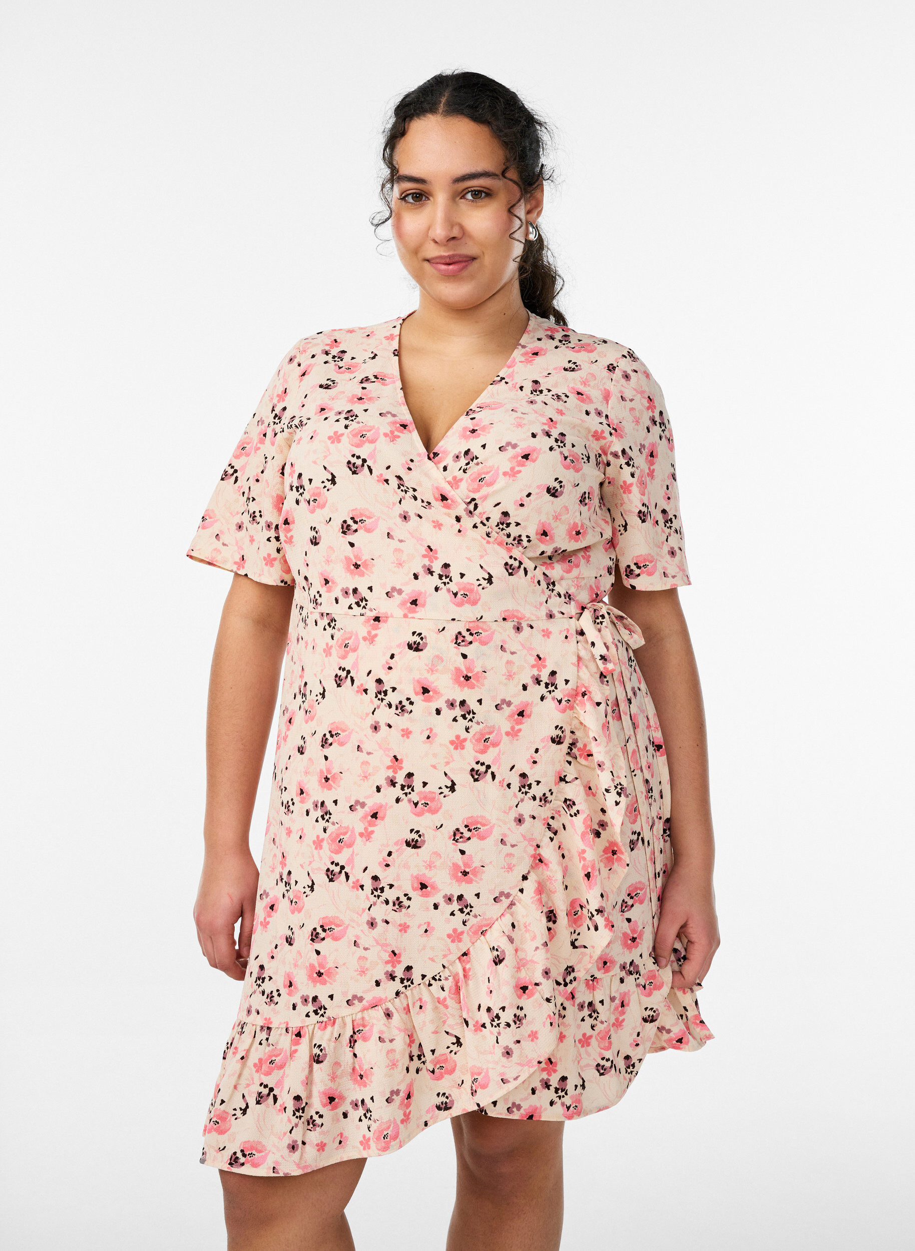 Kopertowa sukienka z wzorem kwiat&oacute;w i kr&oacute;tkimi rekawami, Czerwony, Model