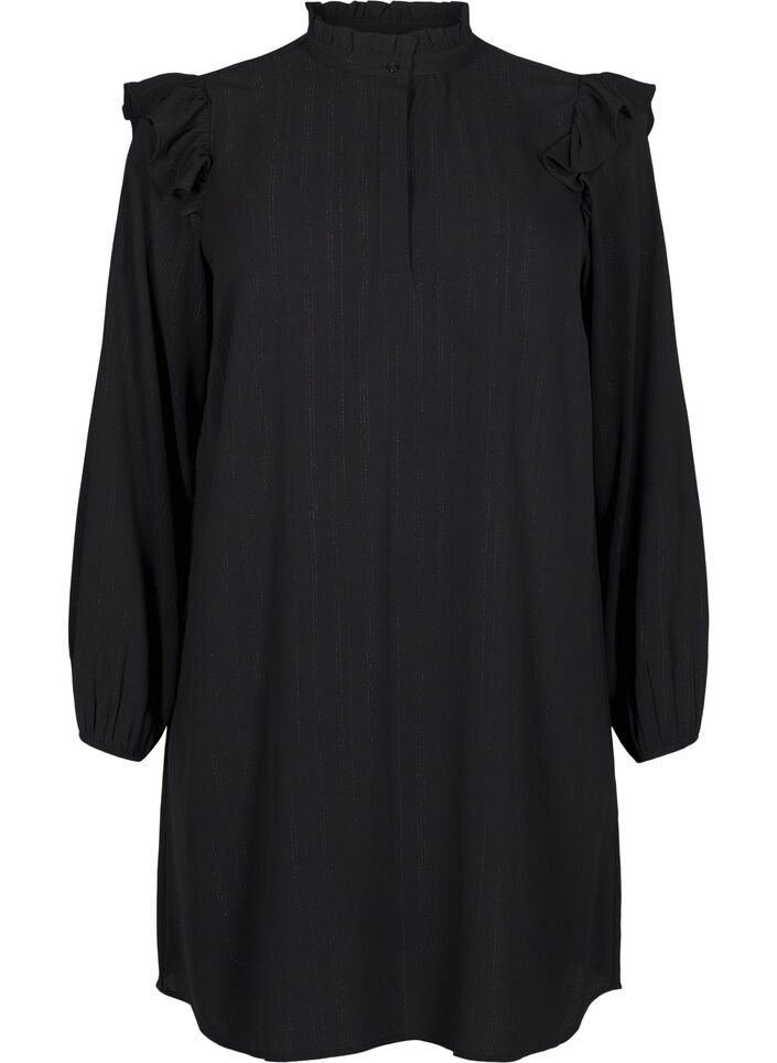 Krótka sukienka z marszczeniami i brokatem, Czarne, Packshot image number 0