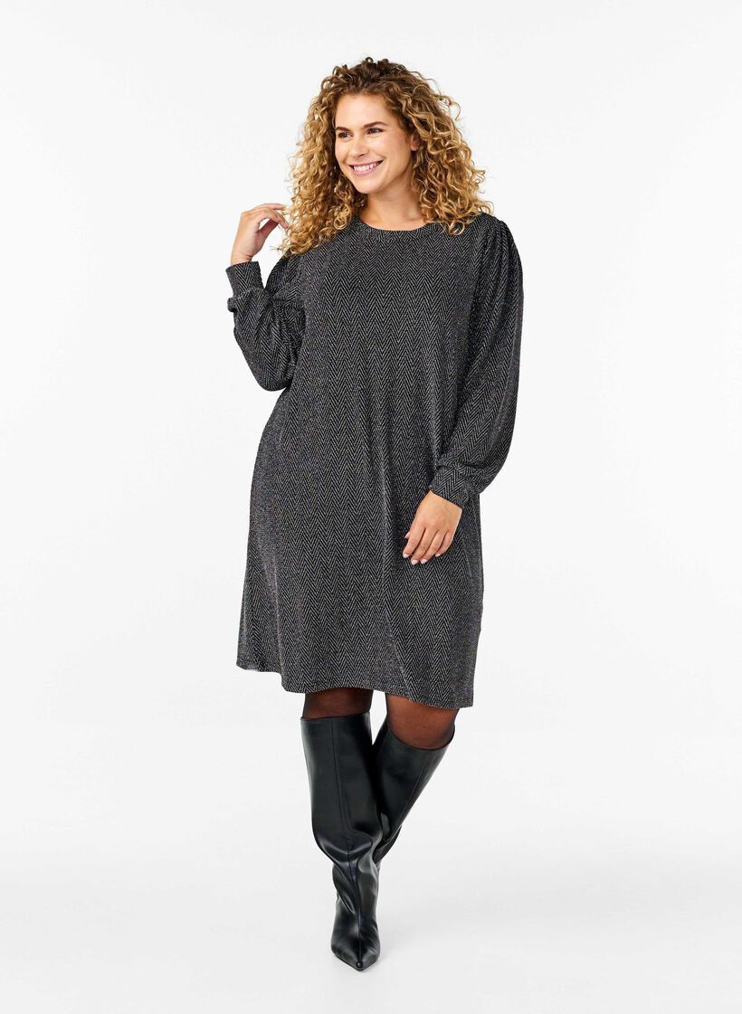 Sukienka w zygzakowaty wzór z brokatem, Silver ZigZagShimmer, Model image number 2