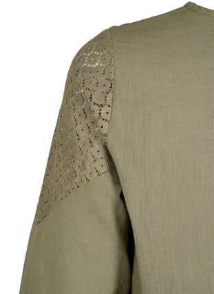 Bluzka z mieszanki bawelny z lnem i szydelkowymi detalami, Deep Lichen Green, Packshot image number 3