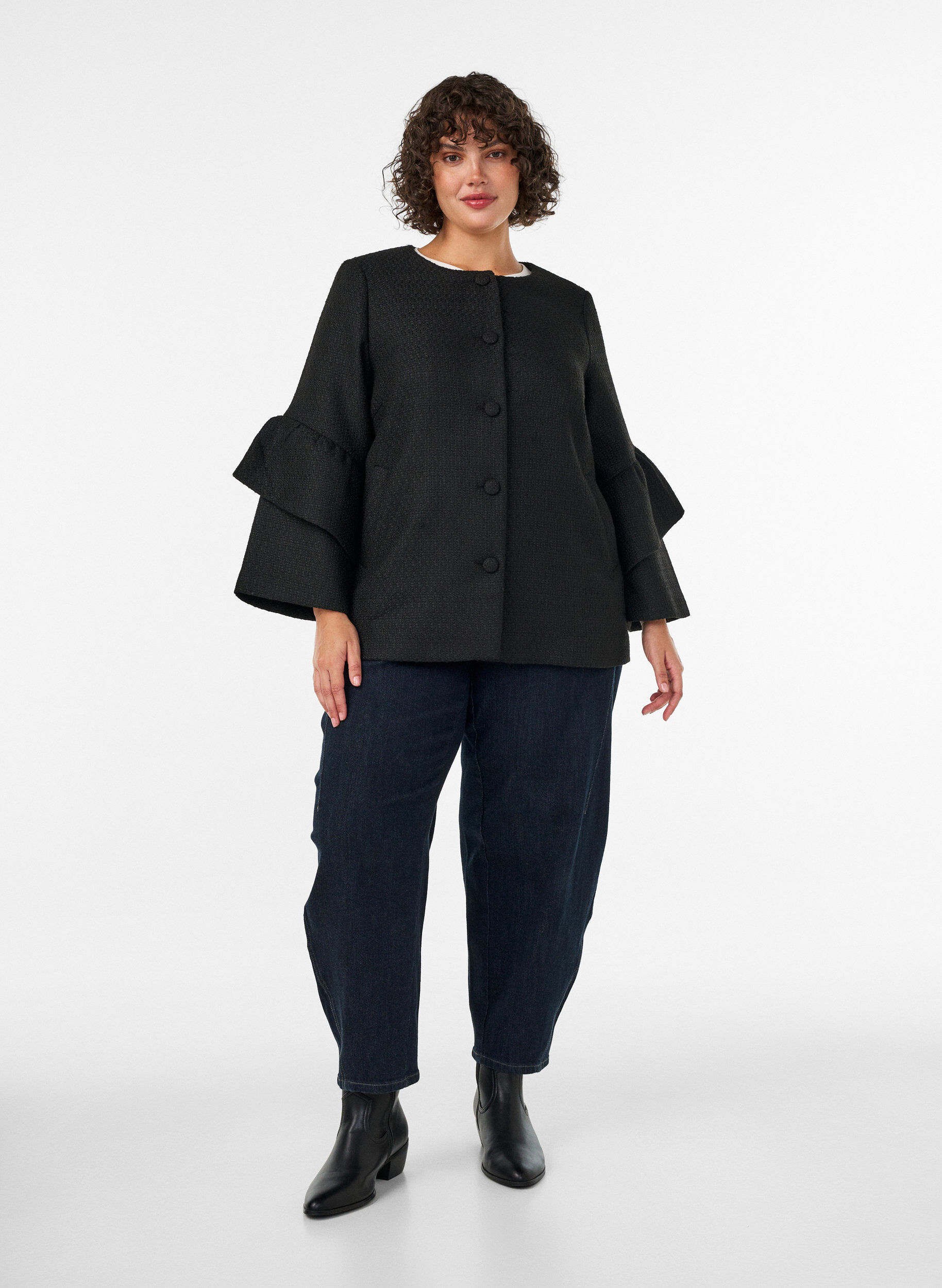 ZizziKurtka boucl&eacute; z falbankami, Czarne, Model image number 1
