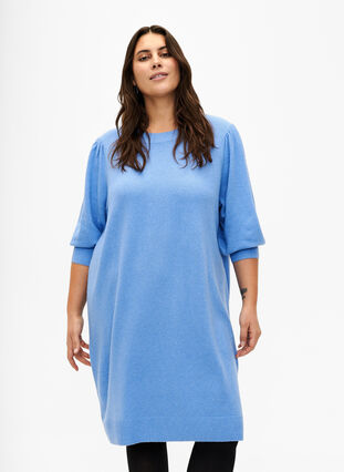 Dzianinowa sukienka z bufiastymi rekawami o dlugosci 3/4, Blue B. /White Mel., Model image number 0