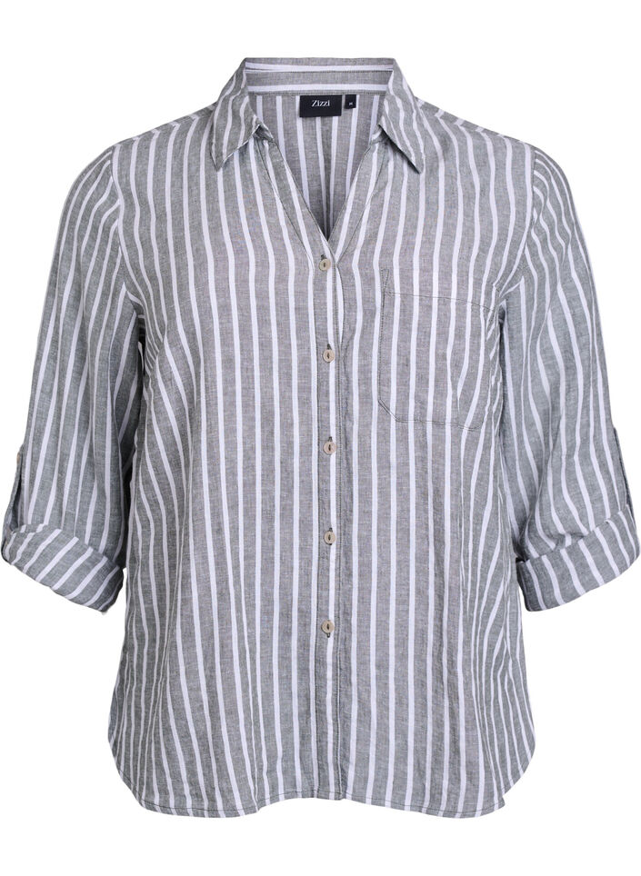 Koszula z lnu i wiskozy z rekawami 3/4, Zielony, Packshot image number 0