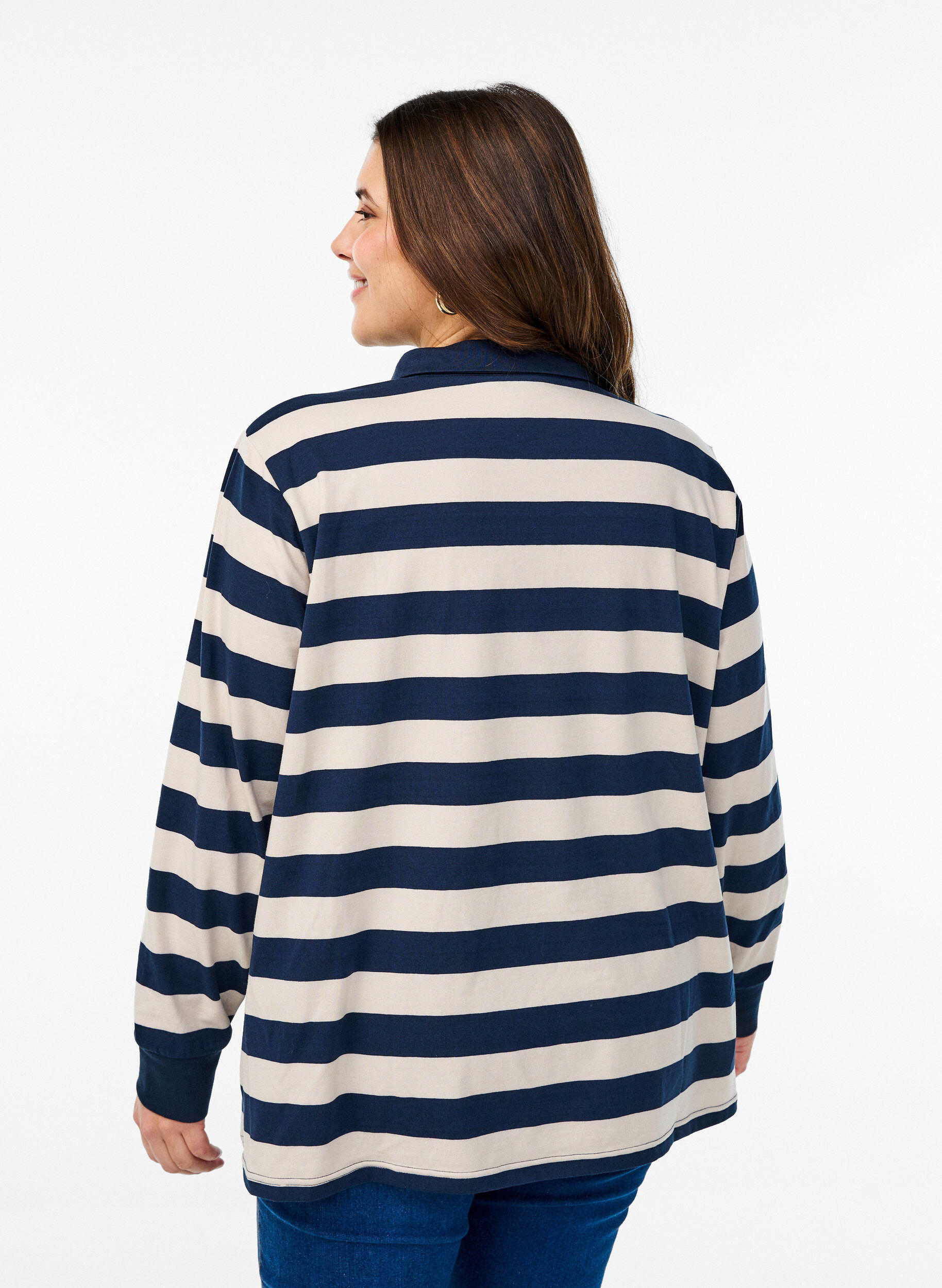 Zizzi Koszulka polo w paski z elementami frotte, Birch w. Navy, Model image number 1