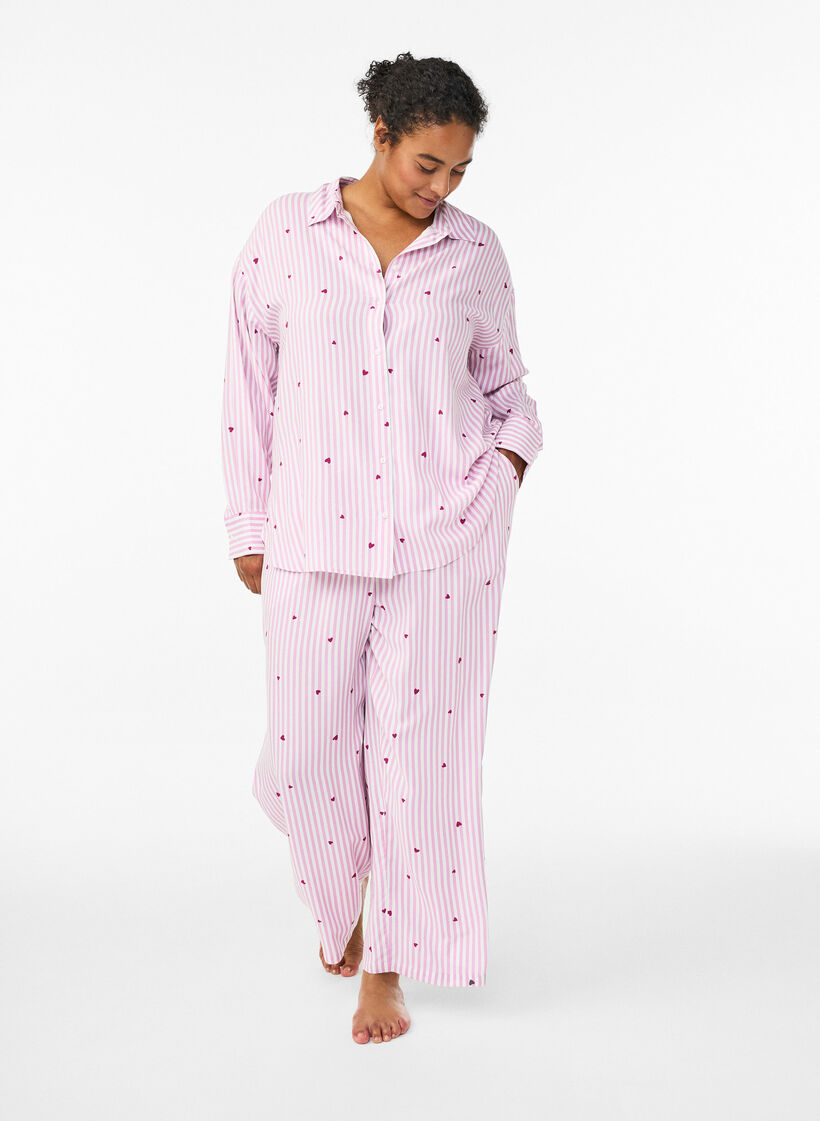 Luzne nocne spodnie w paski i serduszka, Różowy, Model image number 0