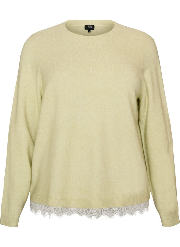Sweter z dzianiny z koronkowym wykonczeniem u dolu, Zielony, Packshot image number 0