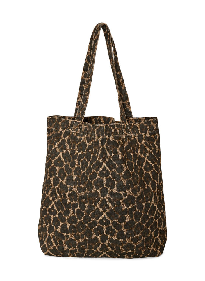 Denimowa torba shopper w panterke, Brązowy, Packshot image number 0