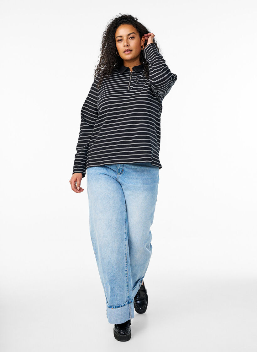 Koszulka polo w paski z zamkiem blyskawicznym, Czarne, Model image number 1