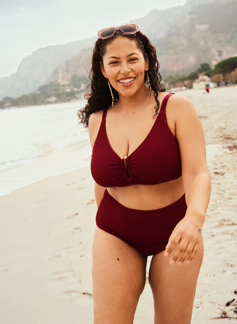 Koszulka bikini z faktura i zlotym detalem, Czerwony, Image