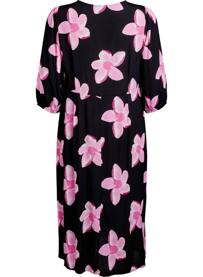 Sukienka midi z kwiatowym nadrukiem i rekawami 3/4, Czarne, Packshot image number 1