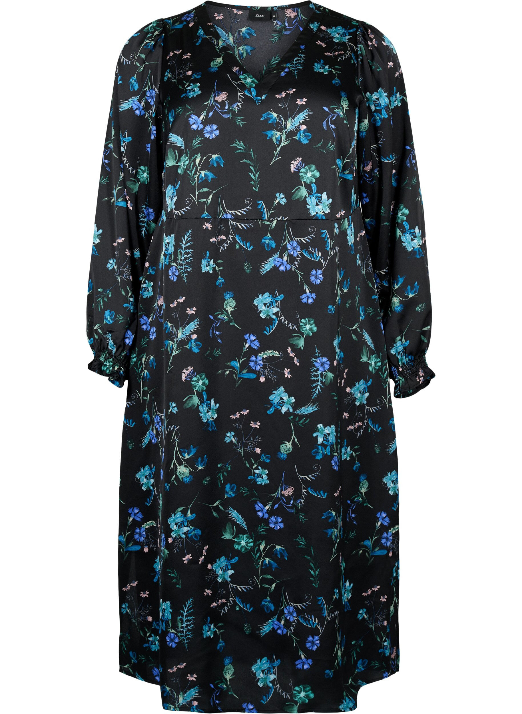 ZizziKwiecista sukienka midi z dlugimi rekawami, Blue Flower AOP, Packshot image number 0