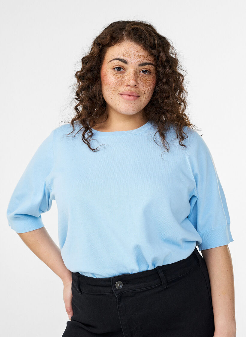 Cienko dzianinowa bluzka z kr&oacute;tkimi rekawami, Niebieskie, Model image number 0