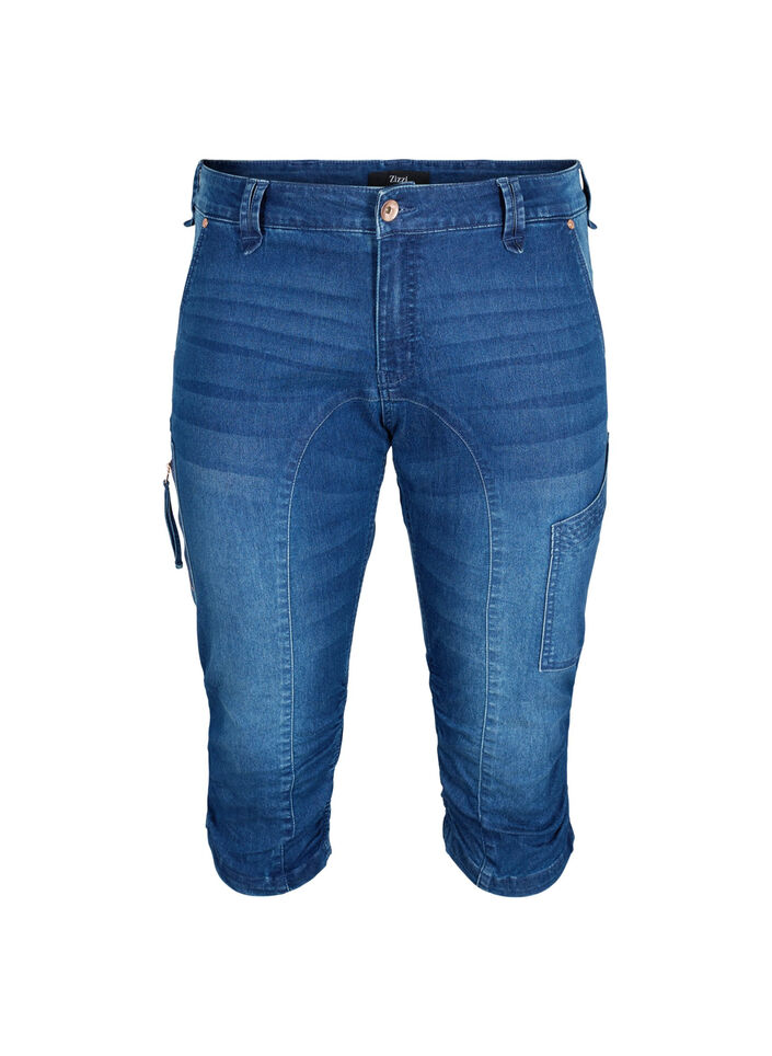 Jeansy capri o dopasowanym kroju z kieszeniami, Niebieskie, Packshot image number 0