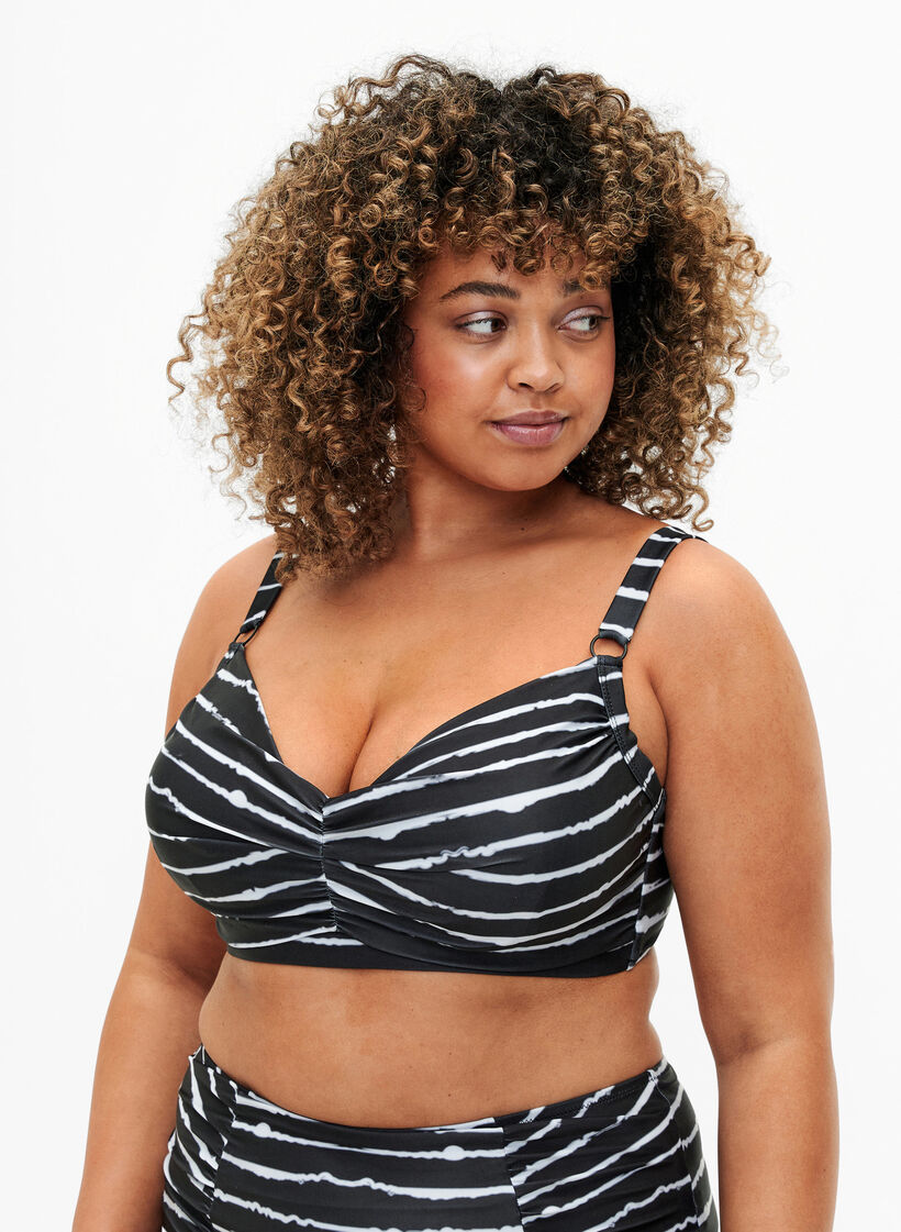 Biustonosz bikini z nadrukiem i fiszbinami, Black White Stripe, Model image number 0