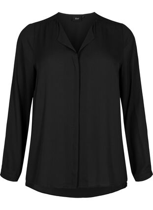 Jednokolorowa koszula z dekoltem w szpic, Black, Packshot image number 0