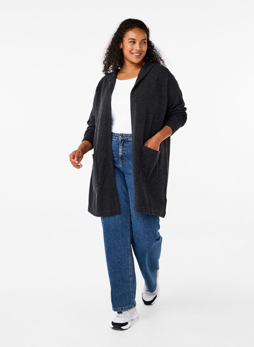 Dlugi kardigan z dzianiny z welna i kapturem, Dark Grey Melange, Model image number 2