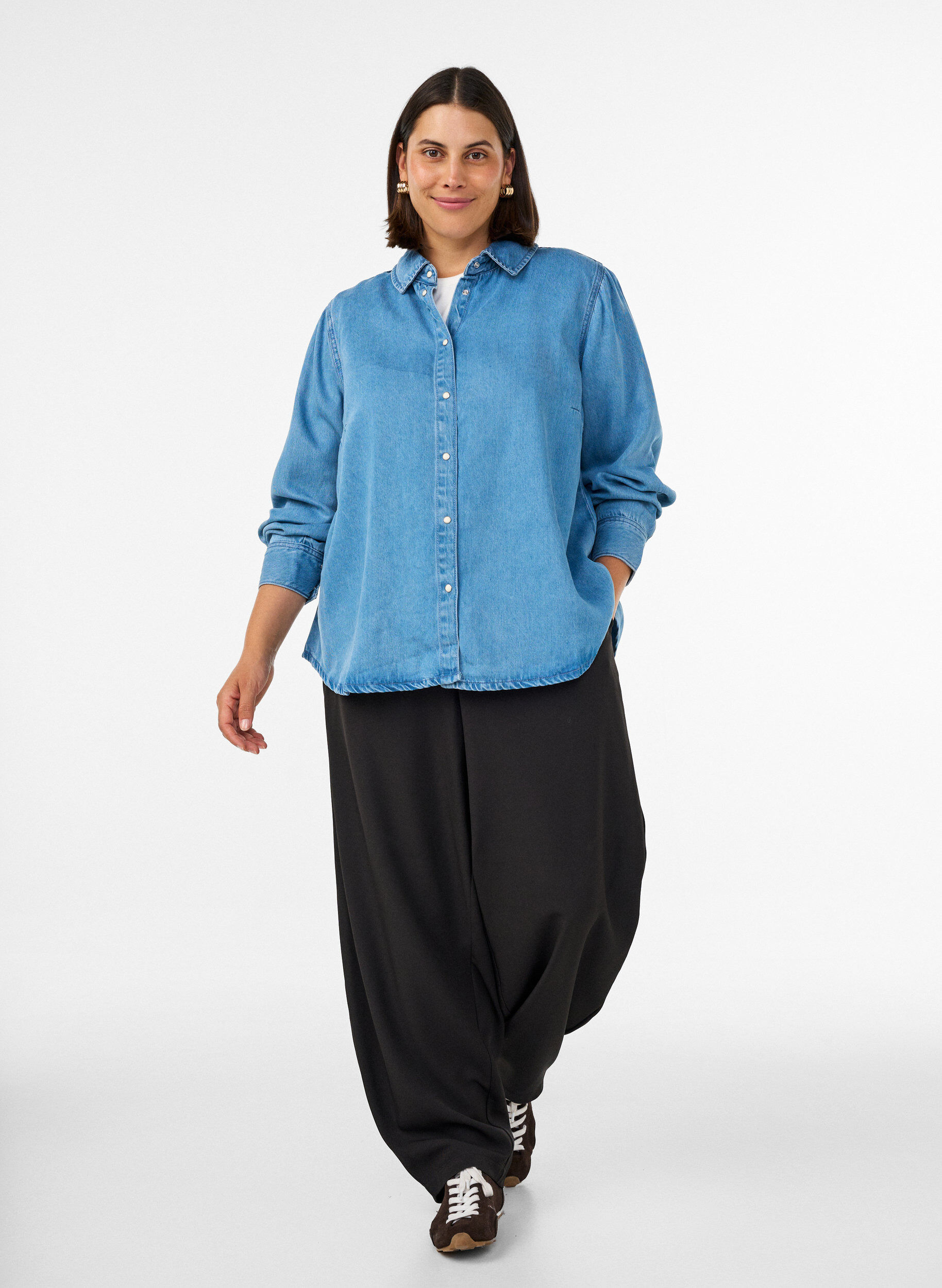 ZizziKoszula z denimu z lyocellu zapinana na zatrzaski, Niebieskie, Model image number 1