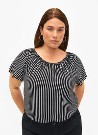 Wiskozowa bluzka w paski z krótkimi rekawami, Black/ White Stripe, Model