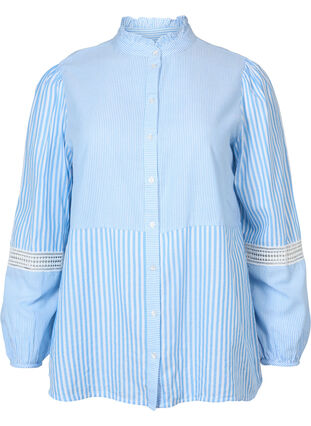 Bluzka koszulowa z kolnierzykiem z falbanami i szydelkowym paskiem, Marina W. Stripe, Packshot image number 0