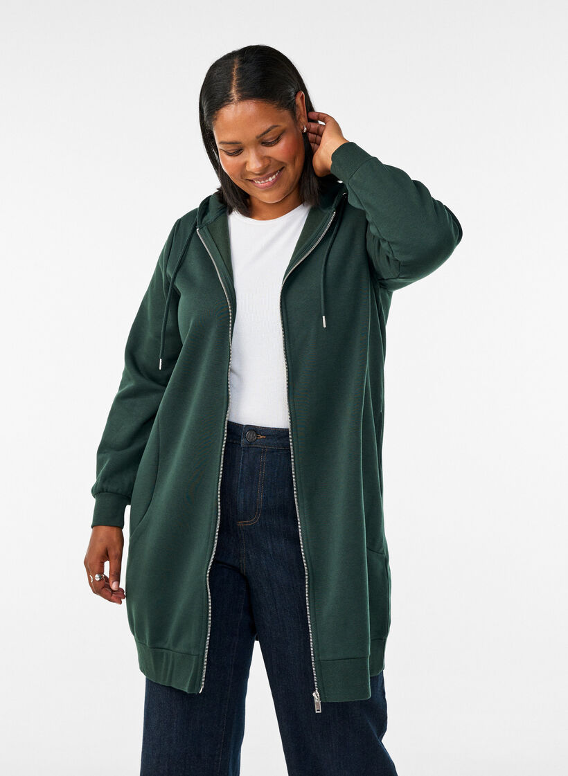 Dluga bluza z kapturem, zamkiem blyskawicznym i kieszeniami, Zielony, Model image number 0