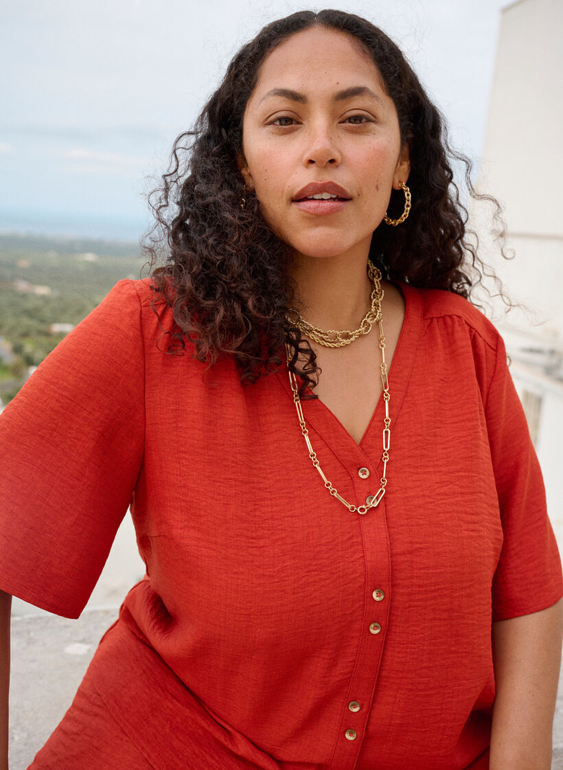 Bluzka koszulowa z dekoltem w szpic i kr&oacute;tkimi rekawami, Czerwony, Image image number 0