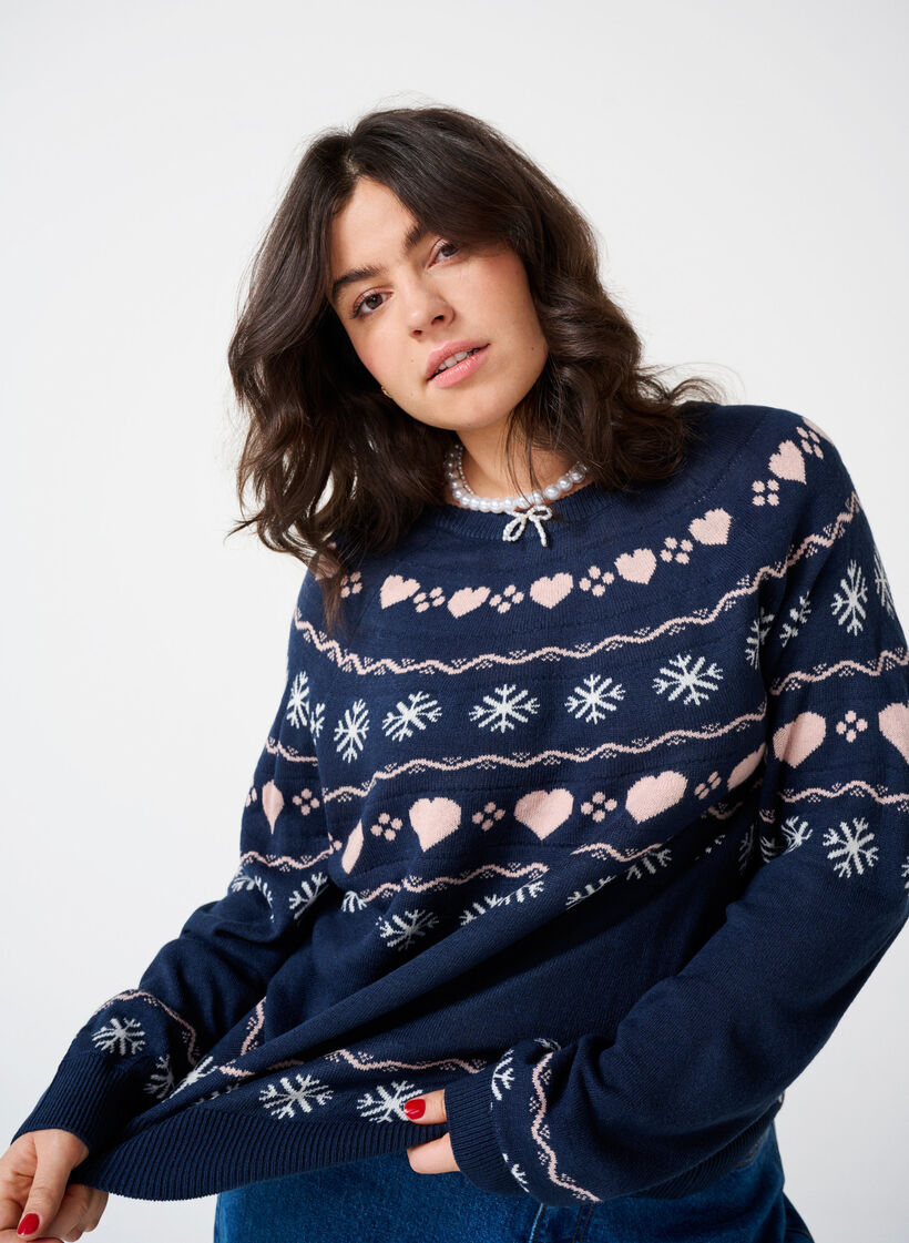 Dzianinowy top z dlugimi rekawami i bozonarodzeniowym motywem, Navy Blazer Comb, Image image number 0