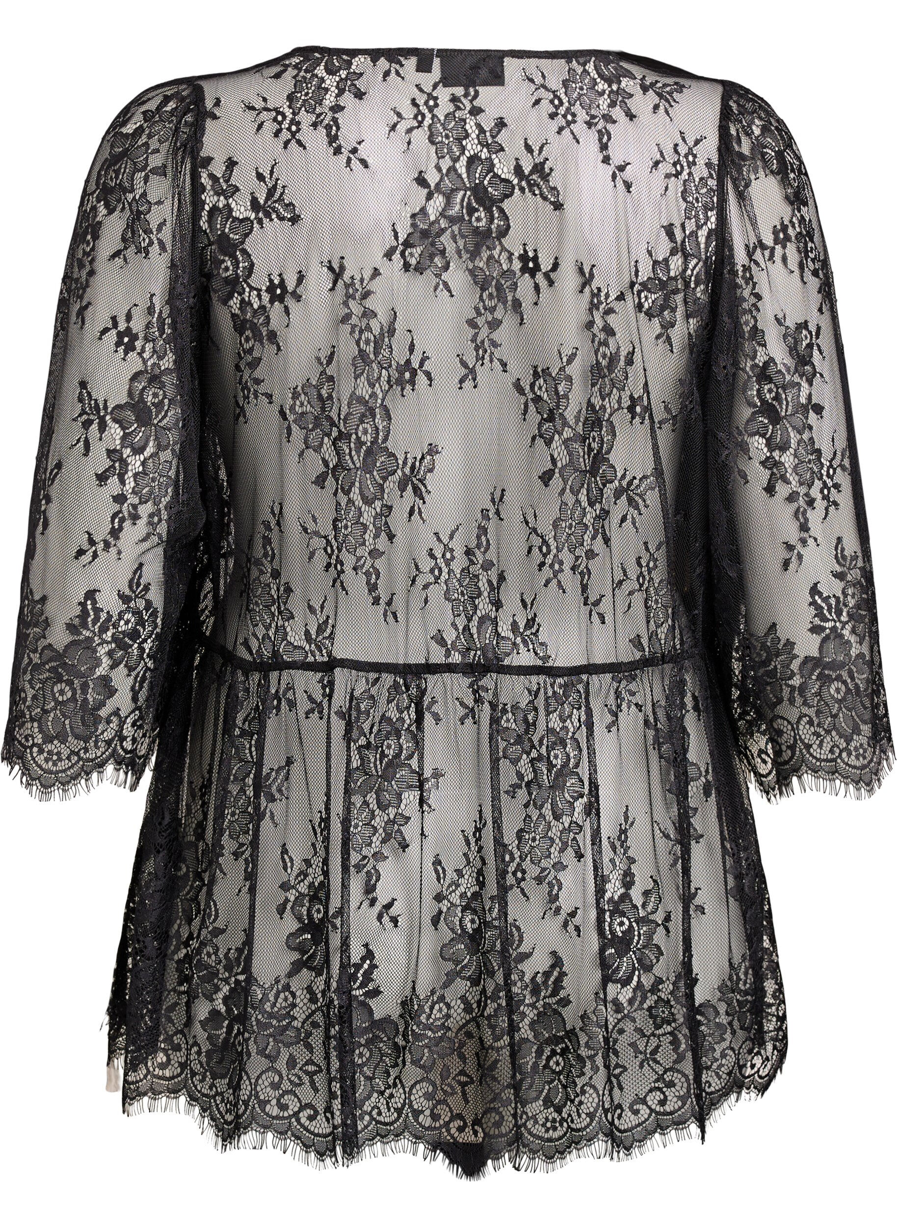 Zizzi Bluzka koronkowa z kokardka i rekawami 3/4, Czarne, Packshot image number 1