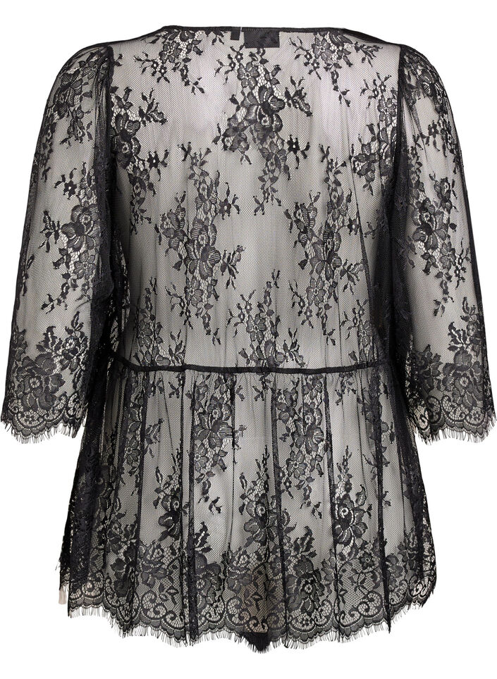 Bluzka koronkowa z kokardka i rekawami 3/4, Czarne, Packshot image number 1