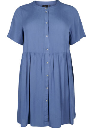 Trapezowa sukienka z wiskozy z krótkimi rekawami, Moonlight Blue, Packshot image number 0