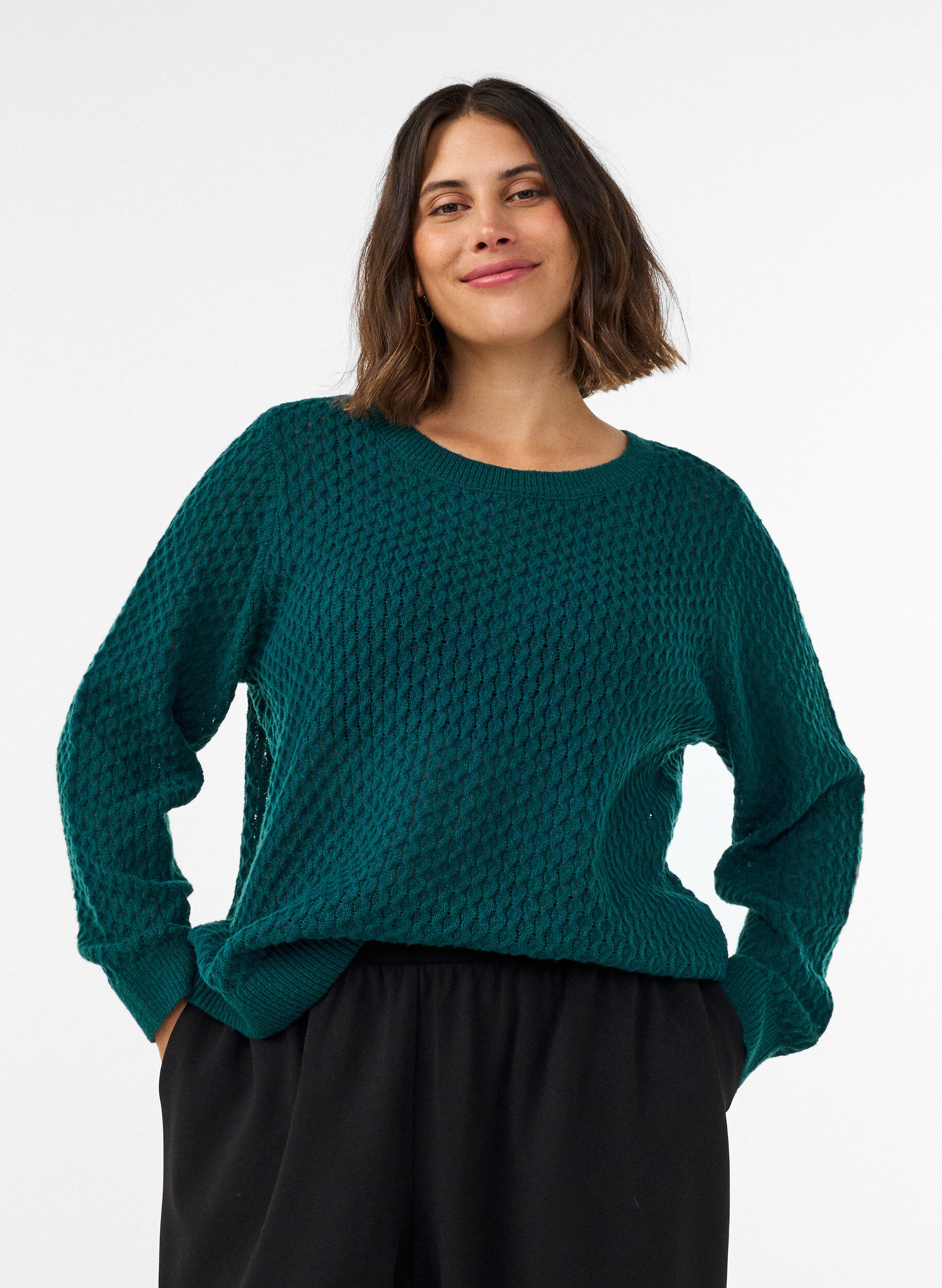 ZizziDzianinowa bluzka z azurowym wzorem o wyrazistej fakturze, Zielony, Model image number 0