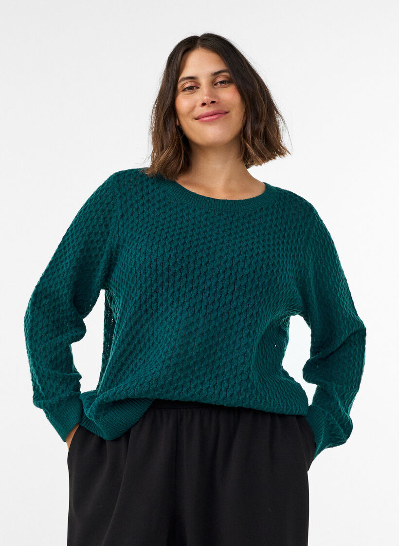 Dzianinowa bluzka z azurowym wzorem o wyrazistej fakturze, Zielony, Model image number 0