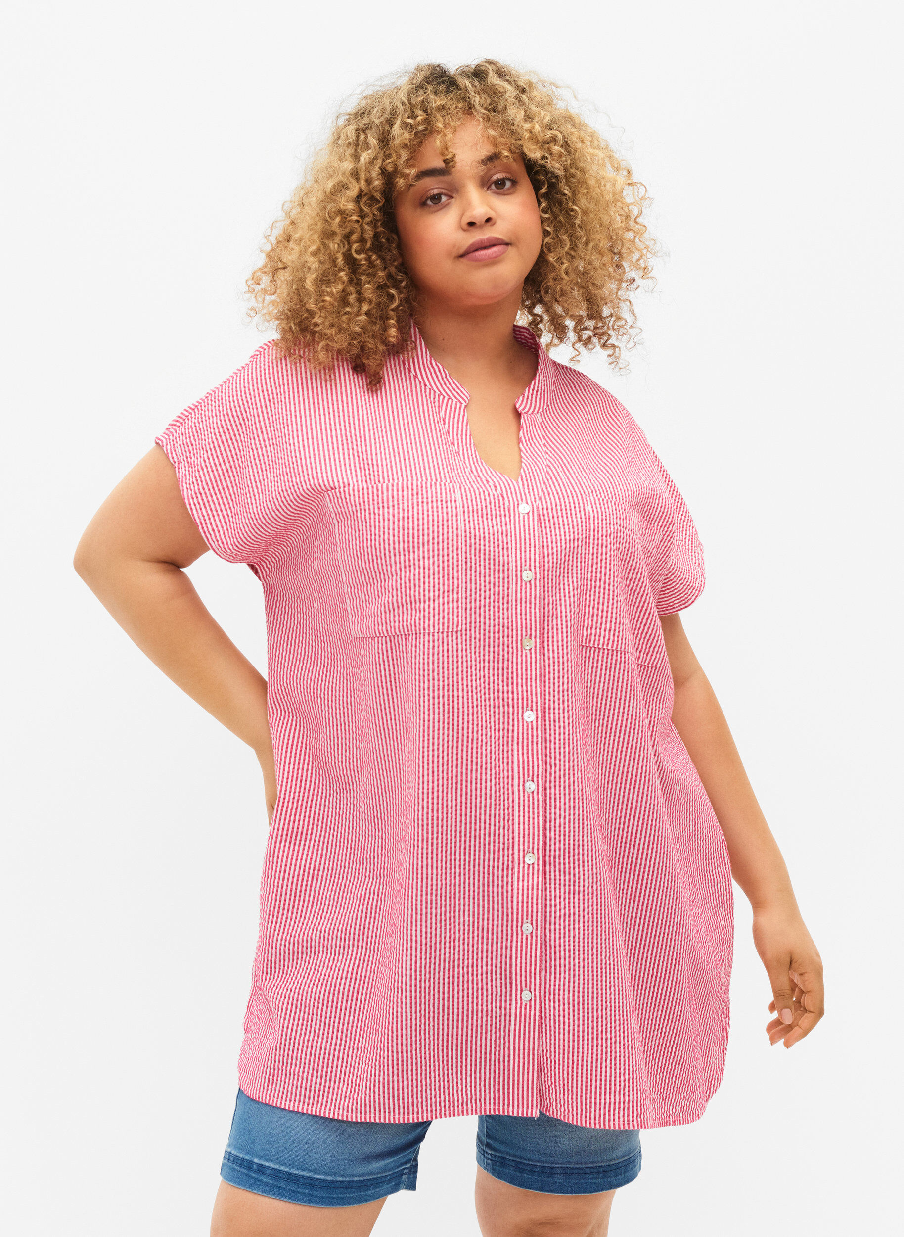 Zizzi Bawelniana koszula z kr&oacute;tkim rekawem w paski, Beetroot P. Stripe, Model image number 0