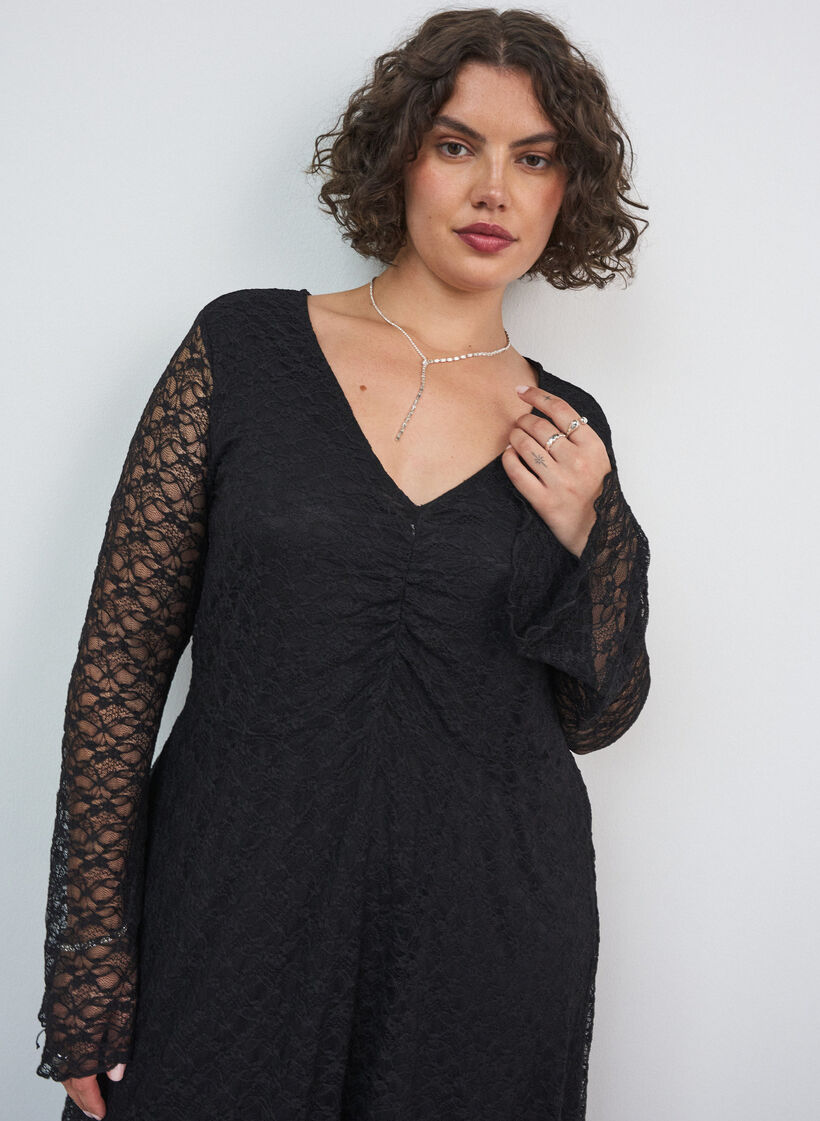Sukienka koronkowa z bufiastymi rekawami i krojem w ksztalcie litery A, Czarne, Model image number 2