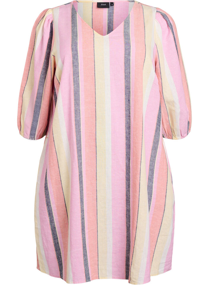 Kr&oacute;tka sukienka z lnu i wiskozy z rekawami 3/4, Ż&oacute;łty, Packshot image number 0