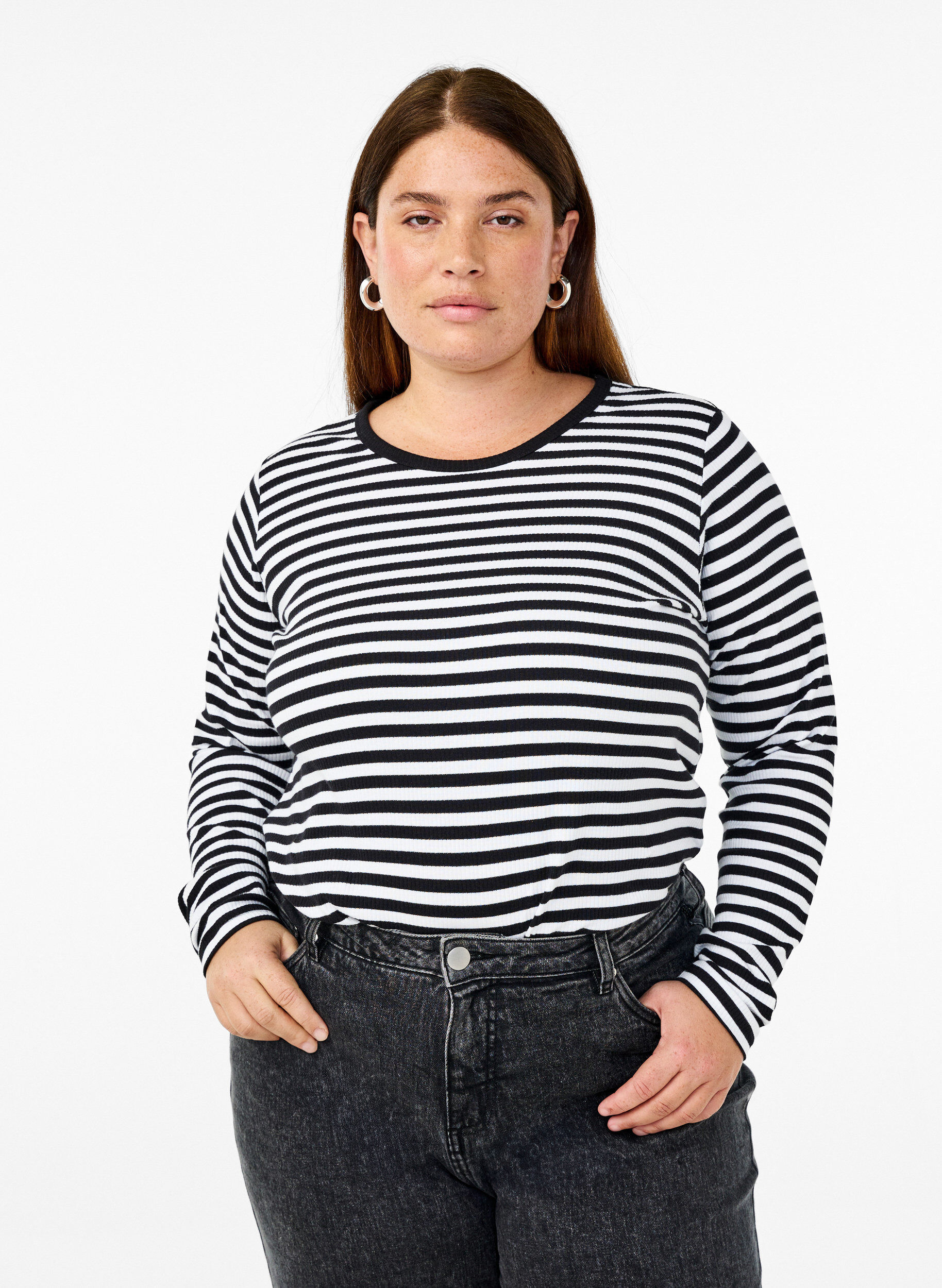 ZizziBluzka w paski z dlugim rekawem, Czarne, Model image number 0