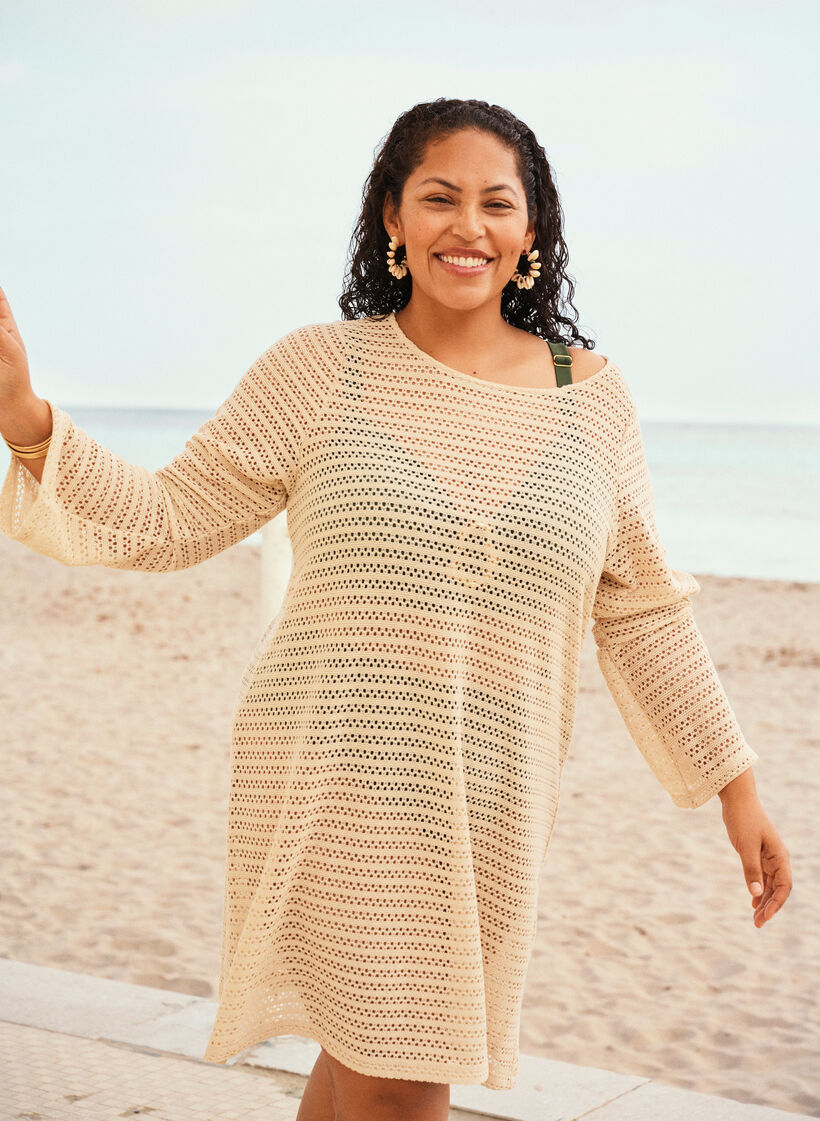 Sukienka plazowa z haftem oczka i dlugim rekawem, Beżowy, Image image number 0