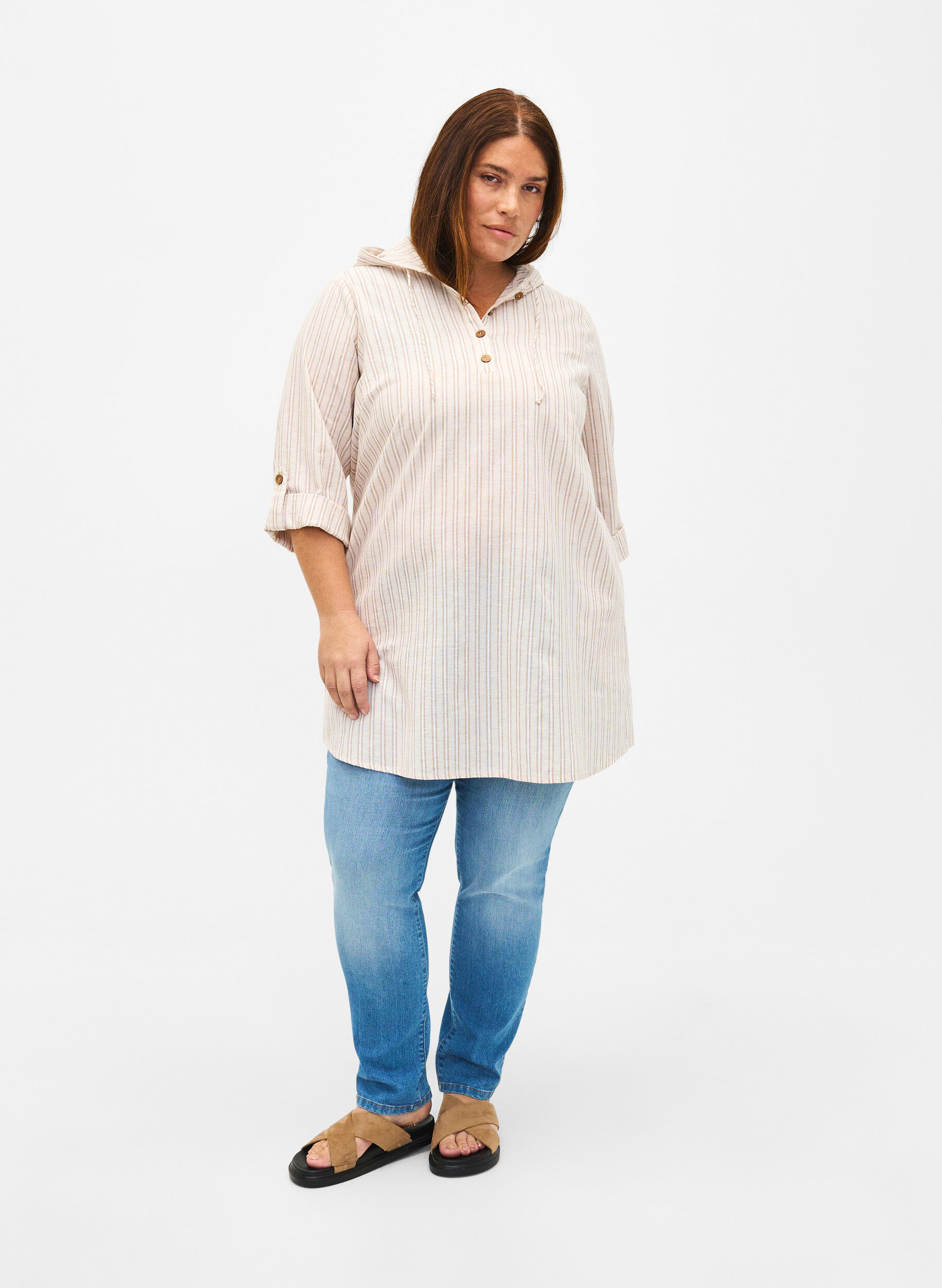 Zizzi Tunika z kapturem wykonana z bawelny i lnu, Wh. Sandshell Stripe, Model image number 3