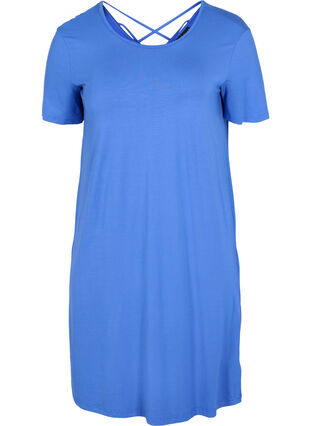 Wiskozowa sukienka z krótkim rekawem i detalem z tylu, Dazzling Blue, Packshot image number 0