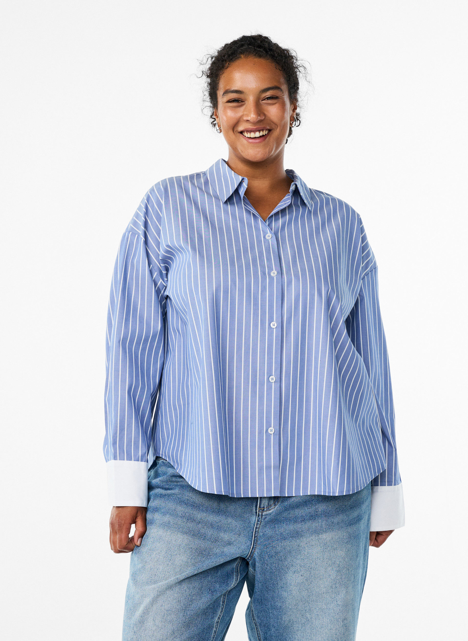 Koszula w paski z kontrastowymi mankietami, Niebieskie, Model